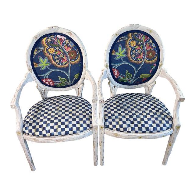 Pair of Faux Bois Louis XVI Style Oval Back Armchairs in Whitewashed Finish For Sale