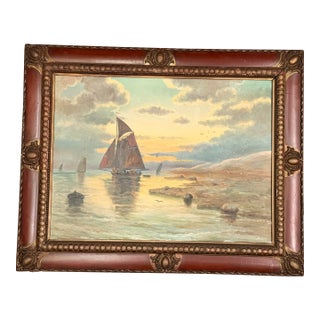 Signed 1920 Antique Maritime Sailboat Oil Painting in Ornate Painted Frame For Sale