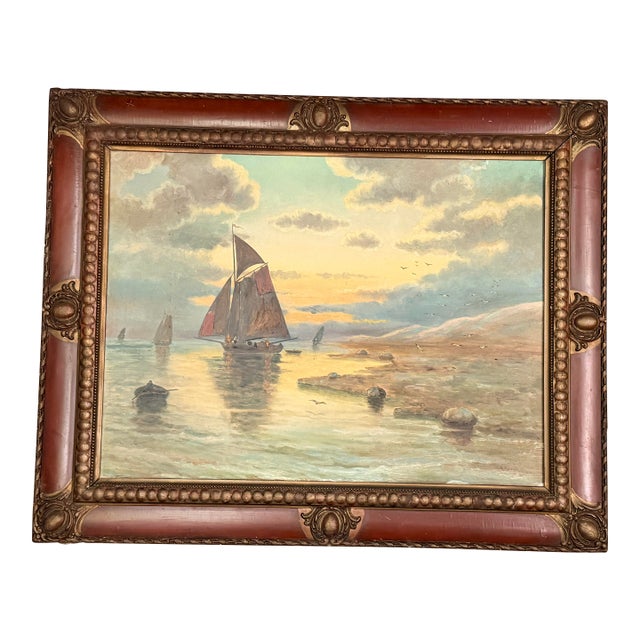 Signed 1920 Antique Maritime Sailboat Oil Painting in Ornate Painted Frame For Sale