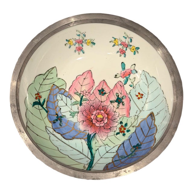Vintage Chinese Tobacco Leaf Style Porcelain & Pewter-Tone Bowl For Sale