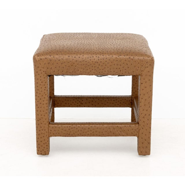 Karl Springer Attributed Ostrich Leather Covered Low Stool, Furniture Specialties Corporation label underside. 17" H x...