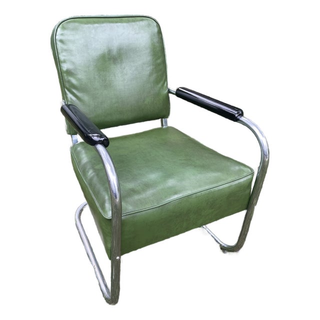 1930s Namco Art Deco Industrial Green Vinyl & Chrome Lounge Chair For Sale