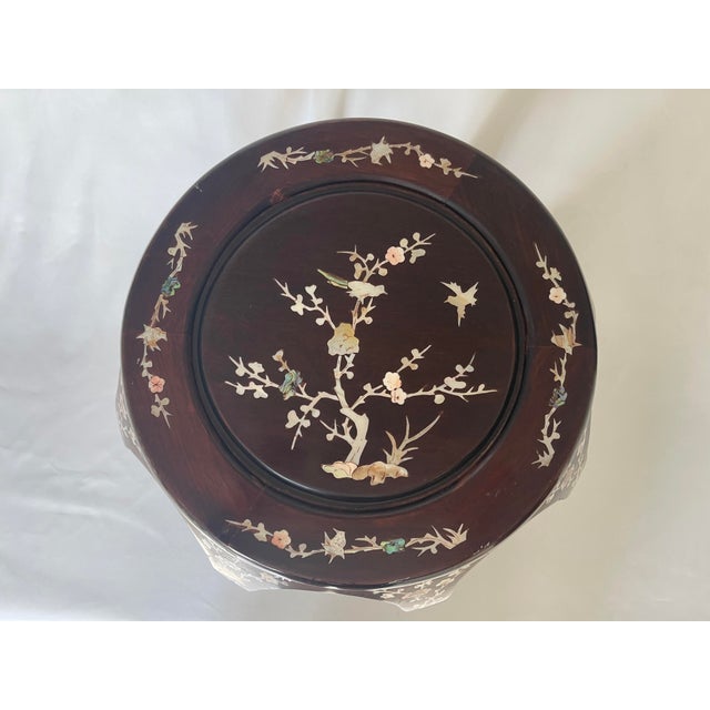Chinese curved melon shape hardwood garden stool or side table with mother of pearl inlay. Beautiful floral tree and bird...