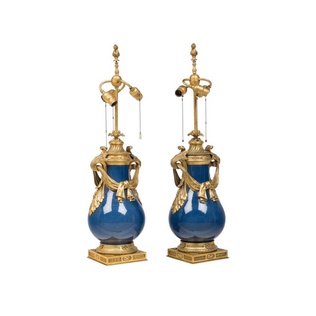 Metal 19th Century French Louis XV Style Robins Egg Blue Porcelain and Gilt Bronze Lamps - A Pair For Sale - Image 7 of 7