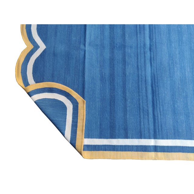 Handmade Cotton Scalloped Rug, Blue with Cream and Yellow Border 6'x9' For Sale - Image 6 of 9