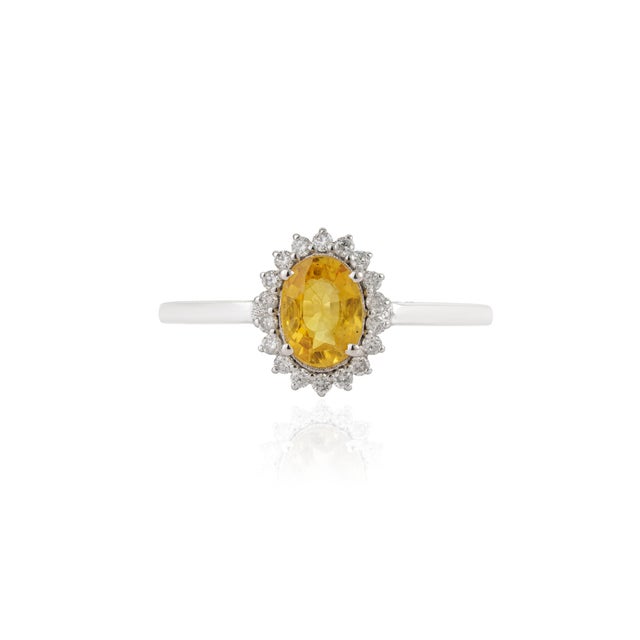 Oval Yellow Sapphire & Diamond Halo Vintage Ring in 14k White Gold Size 6.5 For Sale - Image 4 of 16