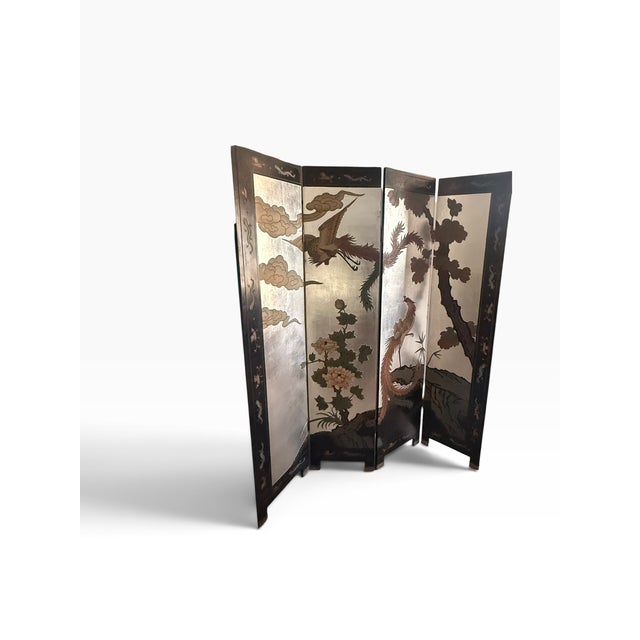 Wood Vintage Chinoiserie Four-Panel Phoenix Folding Screen With Silver-Tone Ground For Sale - Image 7 of 15