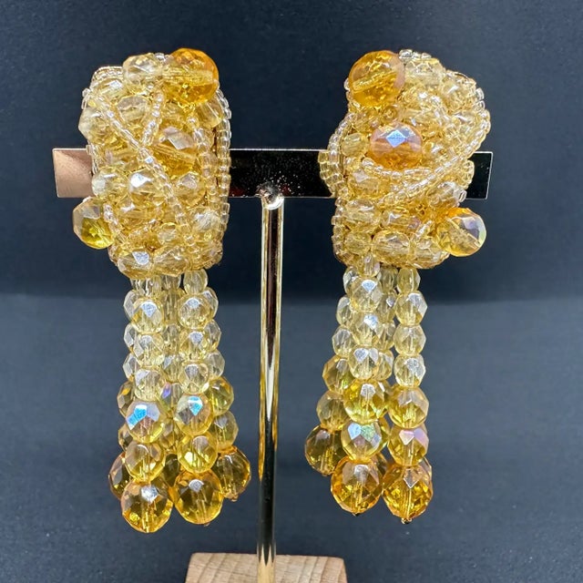 Italian A Pair of Coppola E Toppo Golden Crystals Tassel Clip-On Long Earrings For Sale - Image 3 of 12