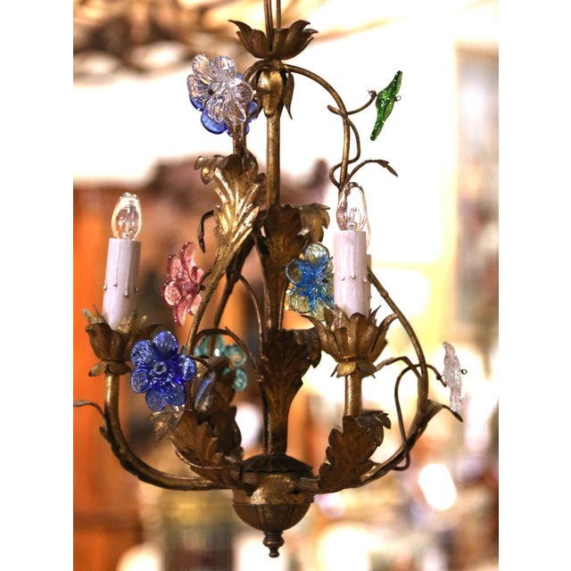 Early 20th Century French Gilt Tole Three-Light Chandelier With Glass Flowers For Sale - Image 4 of 10