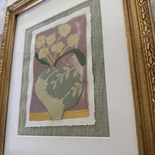 Original Framed Floral Painting With Fabric Collage Work For Sale - Image 4 of 4