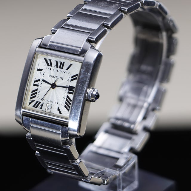 1990s Cartier Tank Francaise 2302 Large Steel Guilloche Roman Dial Blue Hands Watch For Sale - Image 9 of 12
