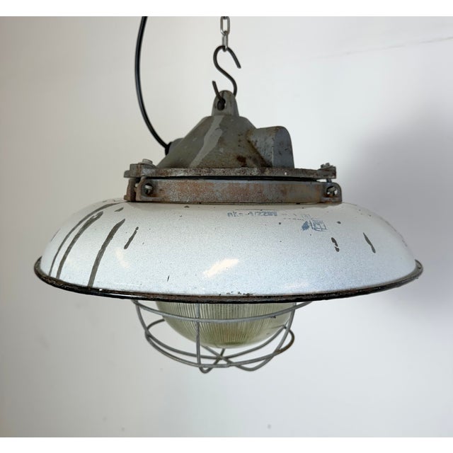 Industrial Grey Enamel Factory Cage Pendant Lamp in Cast Iron from Zaos, 1960s For Sale - Image 12 of 18
