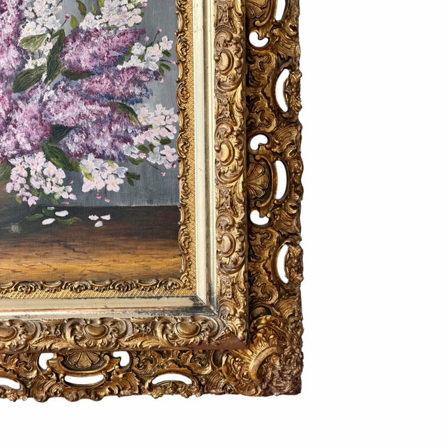 Victorian Lilac Still-Life Oil Painting in Ornate Antique Gilt Frame by Alexandrov 1983 For Sale - Image 3 of 12