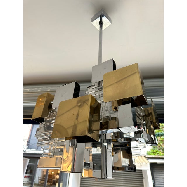 Chandelier Chrome Brass Glass by Sciolari for Stilkronen. Germany, 1970s For Sale - Image 6 of 12