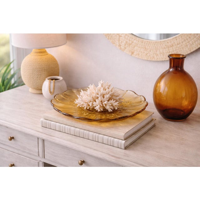 A beautifully scalloped amber pressed glass platter styled as a versatile catch-all tray—perfect for console, coffee...