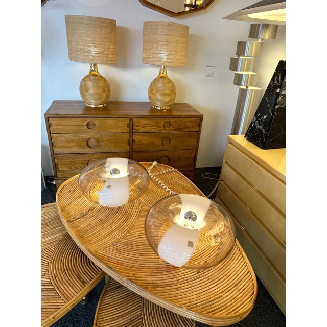 Mid-Century Modern Pair of Rattan and Brass Lamps. Italy, 1970s For Sale - Image 3 of 12