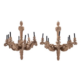 Rh French Baroque Style Carved Wood 8-Arm Chandeliers - Pair For Sale