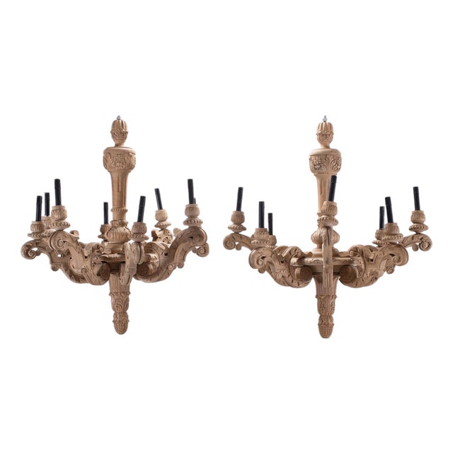 Rh French Baroque Style Carved Wood 8-Arm Chandeliers - Pair For Sale