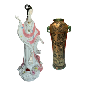ASian Porcelain Vase and Deity Sculpture - A Set