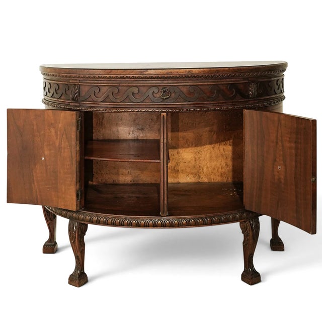 French 1930s Burr Walnut Louis XVI Revival Demilune Wood Cabinet For Sale - Image 3 of 7
