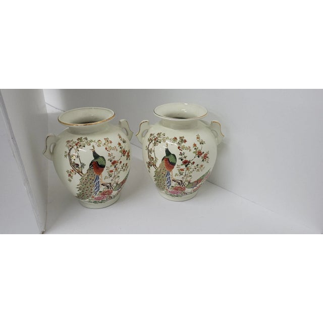 Vintage White Japan Ceramic Vases With Hand Painted Peacock Motif - a Pair For Sale - Image 9 of 9