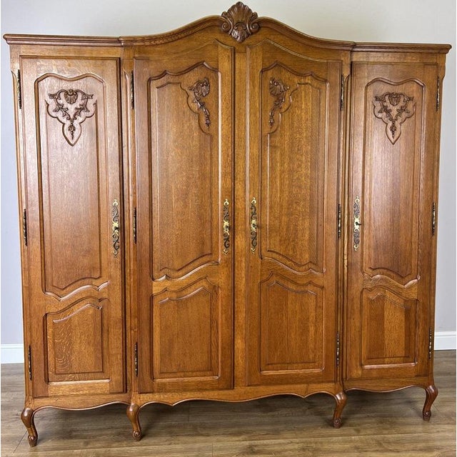 Vintage French Louis XVI Style Carved Oak 4-Door Wardrobe For Sale - Image 3 of 12