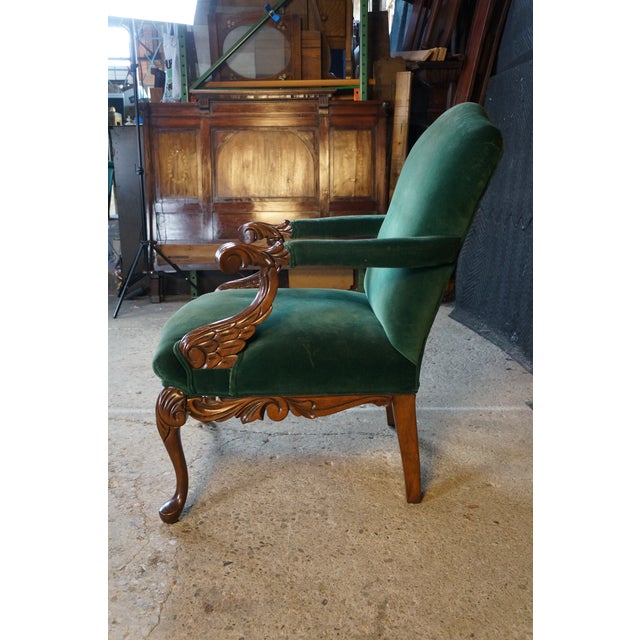 Victorian Revival Carved Mahogany Velvet Upholstered Library Reading Armchair For Sale - Image 11 of 18