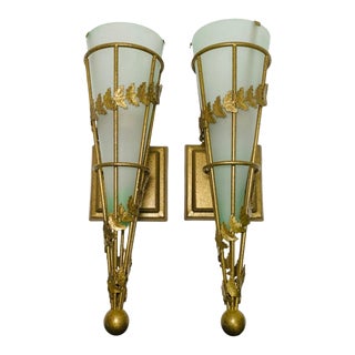 Vintage Art Deco Wall Sconces, Non-Electrical Metal With Frosted Glass Insert - a Pair For Sale