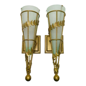 Vintage Art Deco Wall Sconces, Non-Electrical Metal With Frosted Glass Insert - a Pair