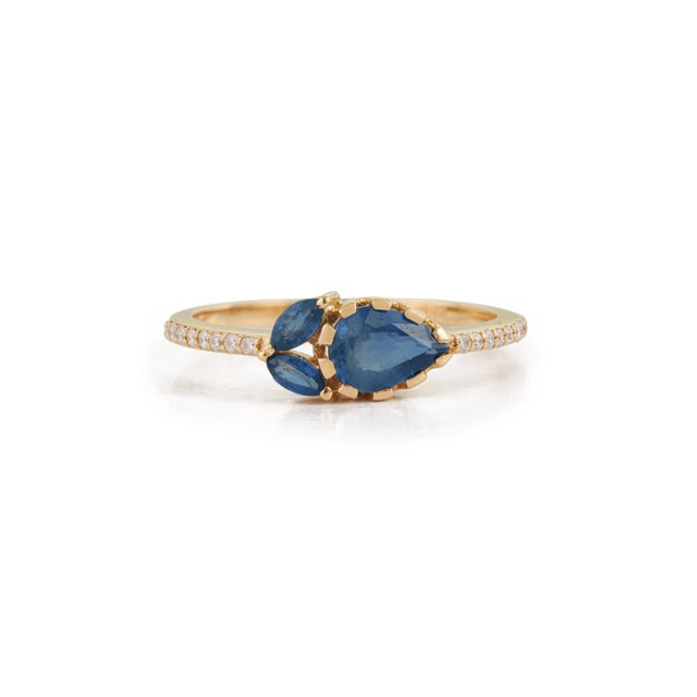 VR Jewels Pear & Marquise Cut Blue Sapphire Diamond 14k Gold Art Deco Ring Size 6 For Sale - Image 4 of 17