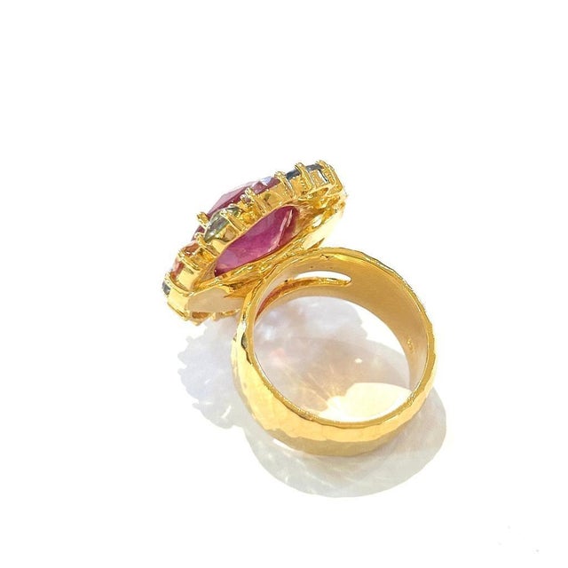 English Bochic "Orient" Red Ruby & Multi Color Sapphire Cocktail Ring, 18K Gold & Silver For Sale - Image 3 of 18