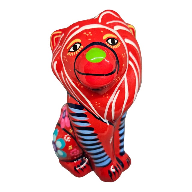 Vintage Talavera Hand Painted Terra Cotta Lion Figurine Mexican Folk Art Bank For Sale