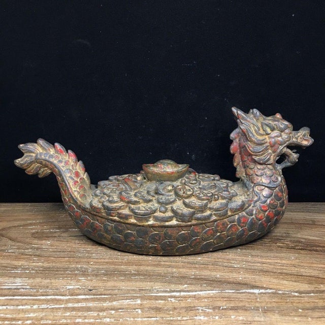 Brown Vintage Gilt Bronze Dragon Boat Sculpture With Coin Motif and Red Patina For Sale - Image 8 of 9
