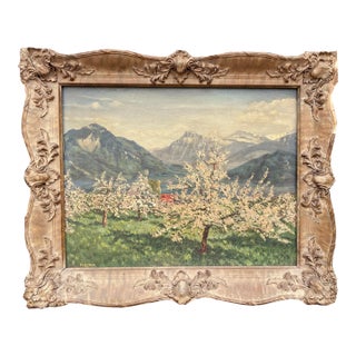 1857 Oil on Canvas Landscape With Cherry Blossoms., Framed For Sale
