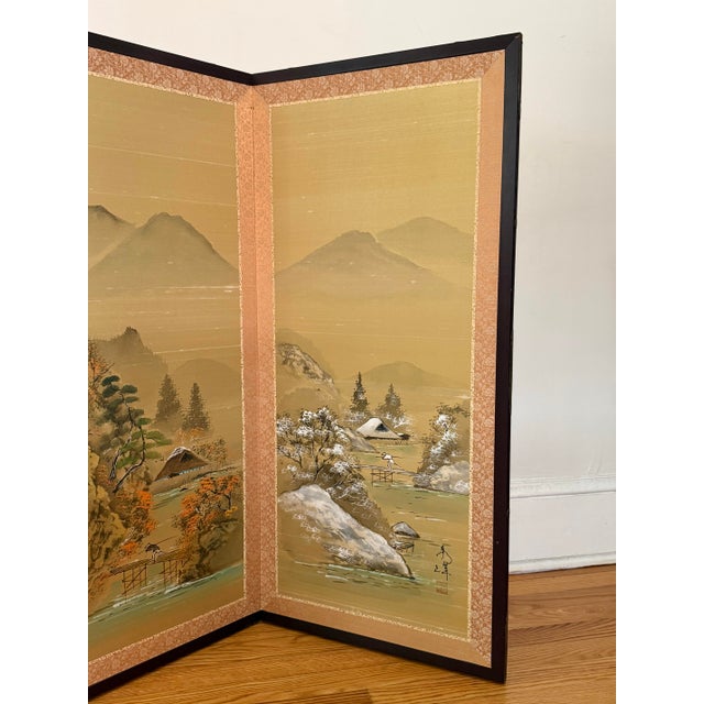 Wood Japanese Showa Period Four Panel Byobu Screen of the Changing Seasons For Sale - Image 7 of 10