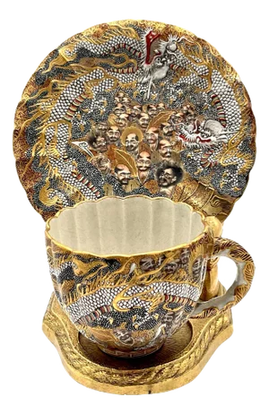 Extraordinary Meiji Satsuma Cup & Saucer, Raised Gilt Enamel Signature, Kozan Zo - a Pair