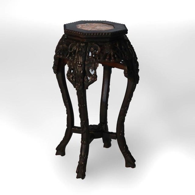 Antique Chinese Carved Rosewood Rouge Marble Top Table For Sale - Image 4 of 10