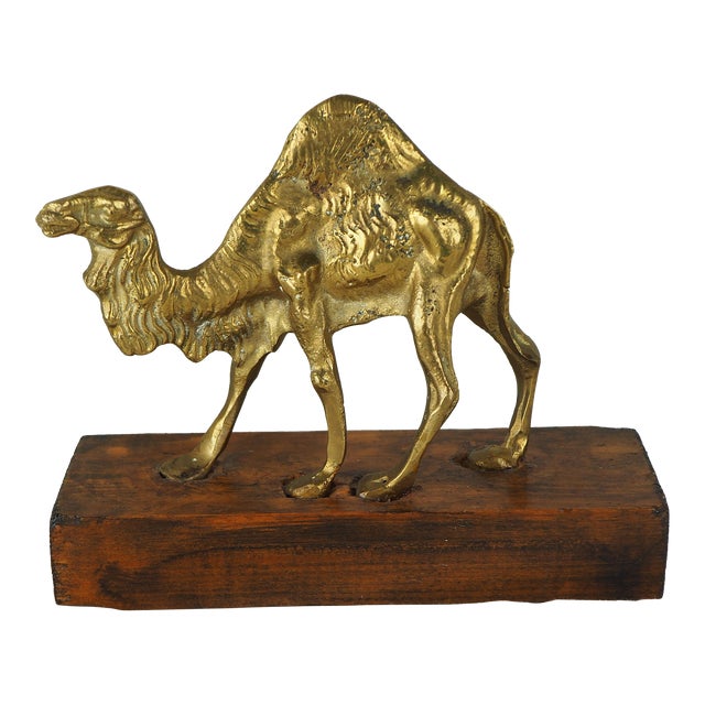 Late 20th Century Moroccan Brass Camel on Wooden Display Stand For Sale