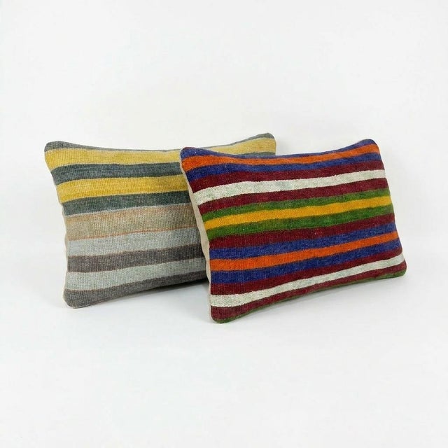 Mid-Century Modern Turkish Kilim Wool Lumbar Rug Pillow Cover 16'' X 24'' - Set of Two For Sale - Image 3 of 4