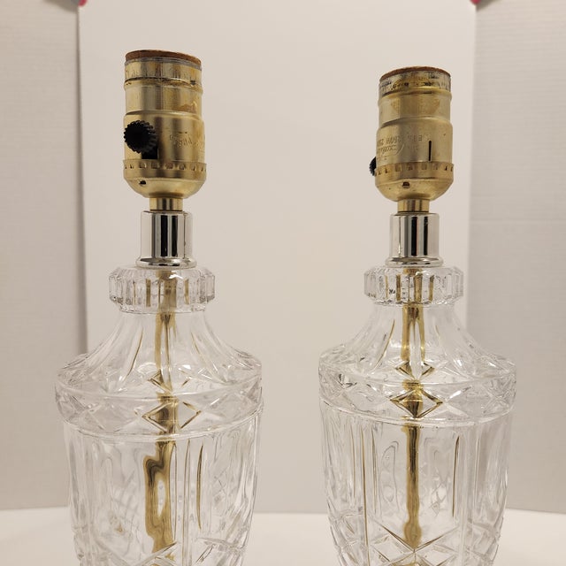 Shabby Chic Mid 20th Century Hollywood Regency Small Cut Crystal Glass & Brass Buffet Lamps - A Pair For Sale - Image 3 of 7