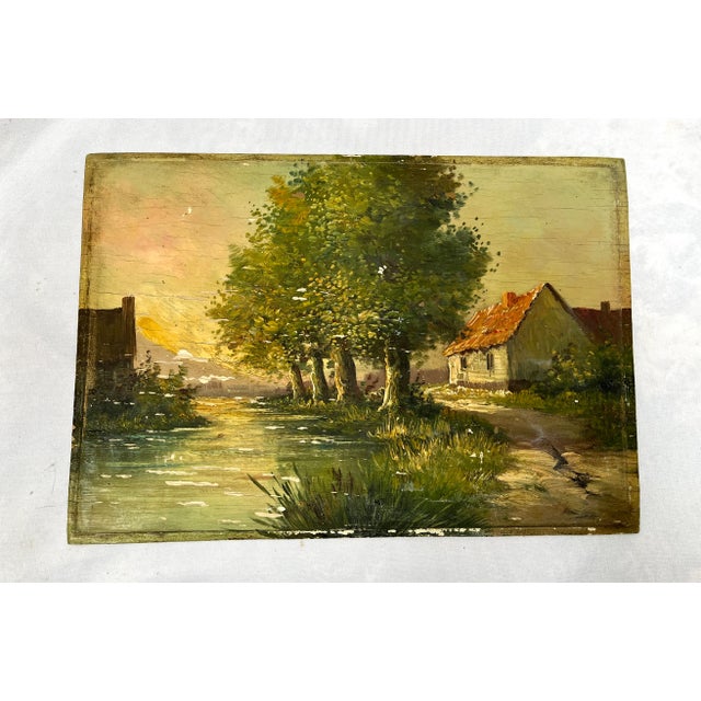 Vintage European Cottage Landscape Oil Painting For Sale - Image 4 of 9