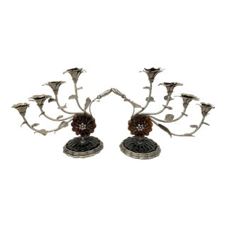 Pewter Floral Candelabra With Glass Accents, Set of Two For Sale