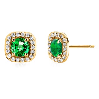 14k Yellow Gold Round Emerald and Diamond Micro-Pavé Ascher-Style Stud Earrings - 2 Pieces For Sale