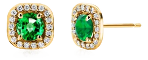 14k Yellow Gold Round Emerald and Diamond Micro-Pavé Ascher-Style Stud Earrings - 2 Pieces