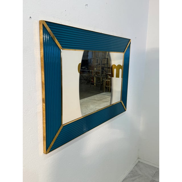 Mid-Century Italian Mirror With Teal Ribbed Frame and Brass Accents 1970s For Sale In Los Angeles - Image 6 of 7