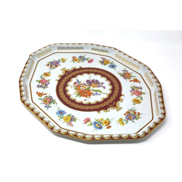 English Vintage Octagonal Colorful Flowers Tray by Daher For Sale - Image 3 of 9