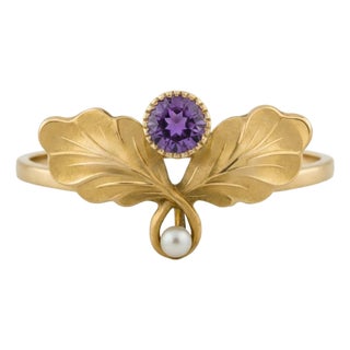 Art Nouveau–Inspired Amethyst and Pearl Botanical Ring in 14k Gold, Size 7.5 For Sale