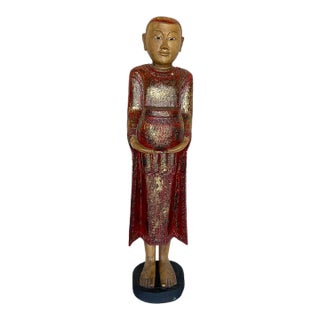 Vintage Buddha Buddhist Carved Wood Burmese Thai Monk Statue For Sale