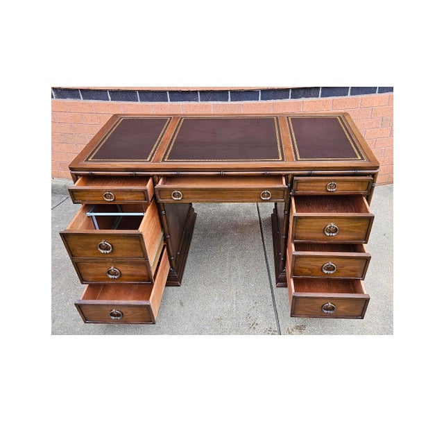 Sligh-Lowry Furniture Co. Sligh Walnut Faux Bamboo and Stenciled Leather Top Insert Executive Desk For Sale - Image 4 of 10