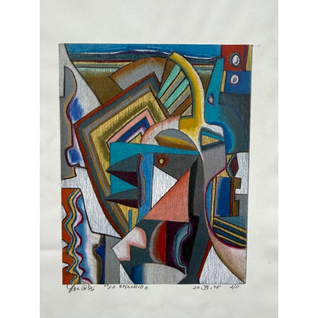 Colored pencil on paper Cubist style artwork titled, “Lo Specchio” (The Mirror). This is an artist proof signed by the...